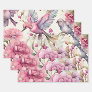 Pretty Pink Carnations Beautiful Pink Purple Bird Wrapping Paper Sheet