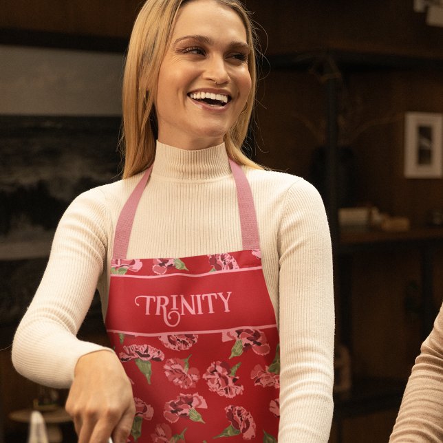 Pretty Pink Carnations on Red Personalised Apron (Creator Uploaded)