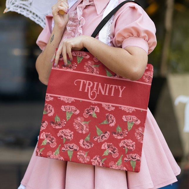 Pretty Pink Carnations on Red Personalised Tote Bag (Creator Uploaded)