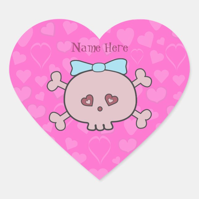 Pretty Pink Cartoon Skull & Hearts Personalised Heart Sticker (Front)