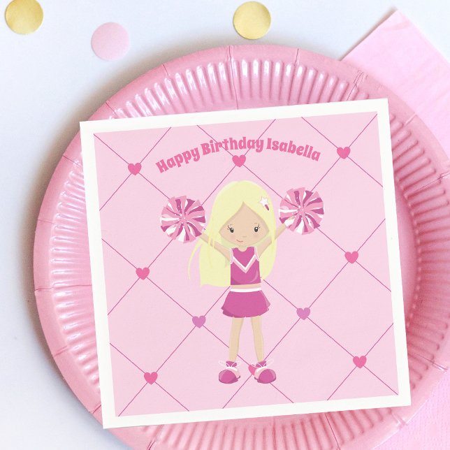 Pretty Pink Cheerleader Girl Custom Birthday Party Napkin (Creator Uploaded)