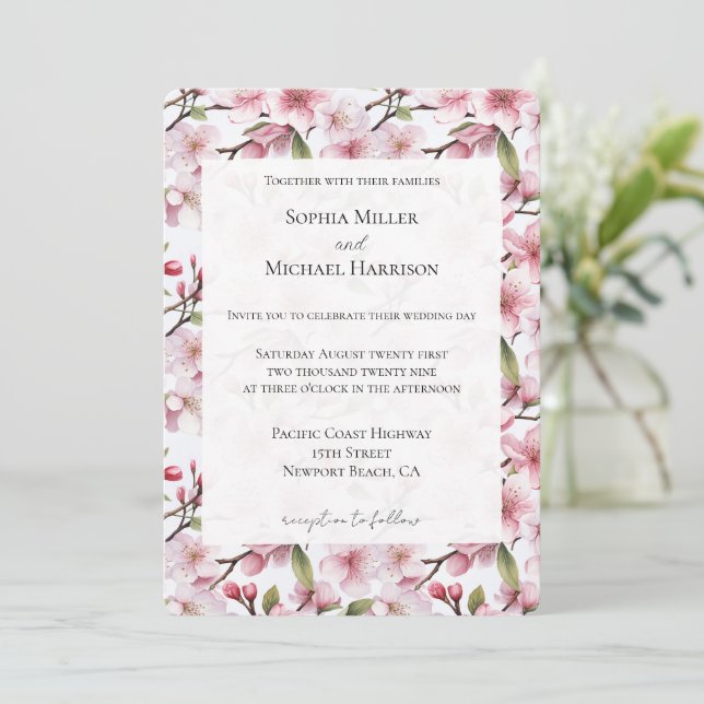 Pretty Pink Cherry Blossom Floral Wedding Invitation (Standing Front)
