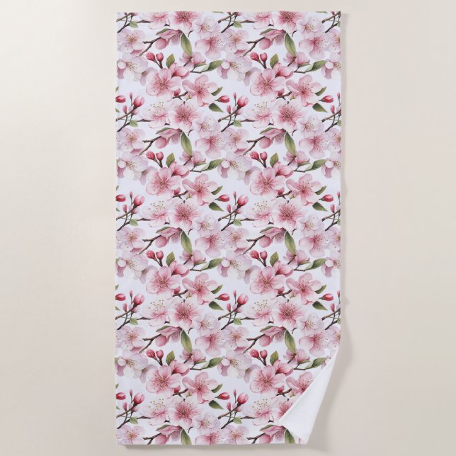 Pretty Pink Cherry Blossom Flowers Beach Towel (Front)