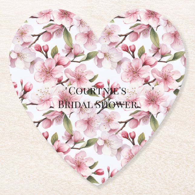 Pretty Pink Cherry Blossom Flowers Bridal Shower Paper Coaster (Front)