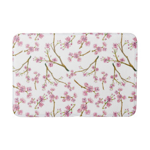 Pretty Pink Cherry Blossom Watercolor Pattern Bath Mat