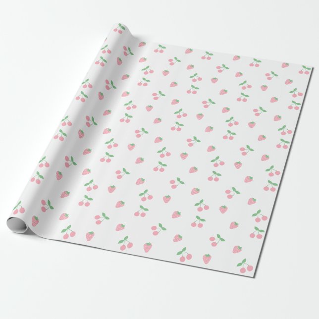 Pretty Pink Cherry Strawberry Aesthetic Pattern Wrapping Paper (Unrolled)