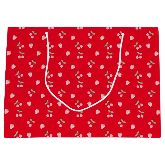 Pretty Pink Cherry Strawberry Fruit Pattern Red Large Gift Bag (Front)