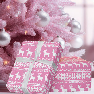 Pretty Pink Christmas Deer Snowflake Pattern Wrapping Paper