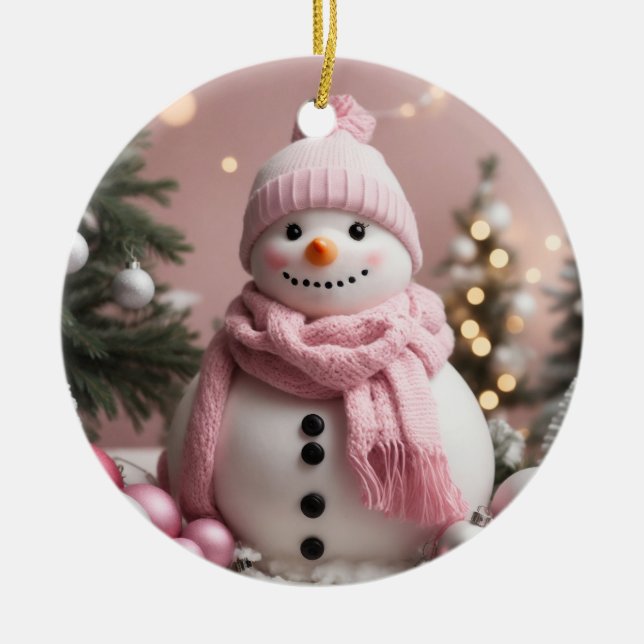 Pretty Pink Christmas Snowman Ceramic Tree Decoration (Front)