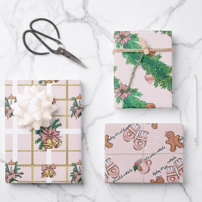 Pretty Pink Christmas Trio Wrapping Paper Sheet (Front)