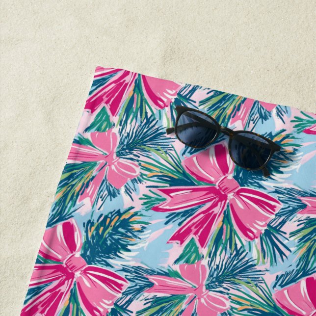 Pretty Pink Coquette Bow And Tree Sprig Pattern Beach Towel (In Situ)