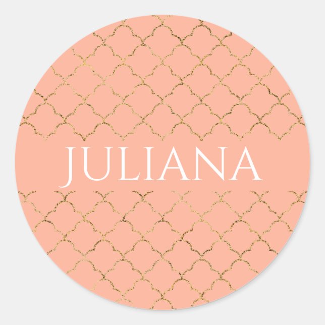 Pretty Pink Coral Gold Quatrefoil Personalised  Classic Round Sticker (Front)
