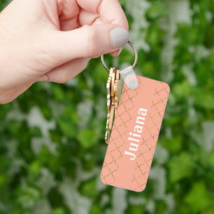 Pretty Pink Coral Gold Quatrefoil Personalised Key Ring