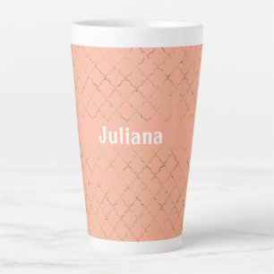 Pretty Pink Coral Gold Quatrefoil Personalised  Latte Mug