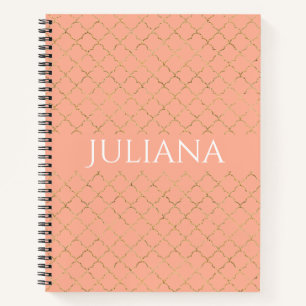 Pretty Pink Coral Gold Quatrefoil Personalised  Notebook