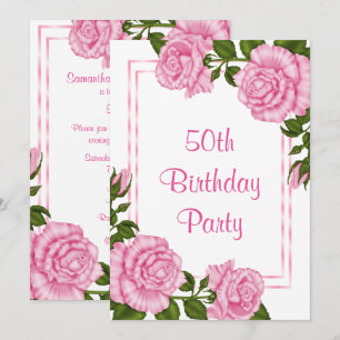 Pretty Pink Corner Bouquets 50th Birthday Invitation