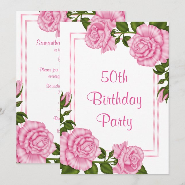 Pretty Pink Corner Bouquets 50th Birthday Invitation (Front/Back)