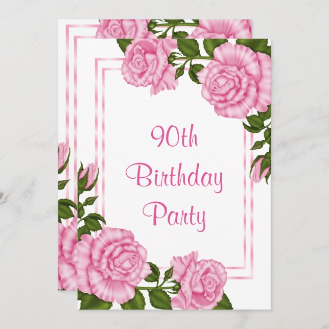Pretty Pink Corner Bouquets 90th Birthday Invitation (Front/Back)