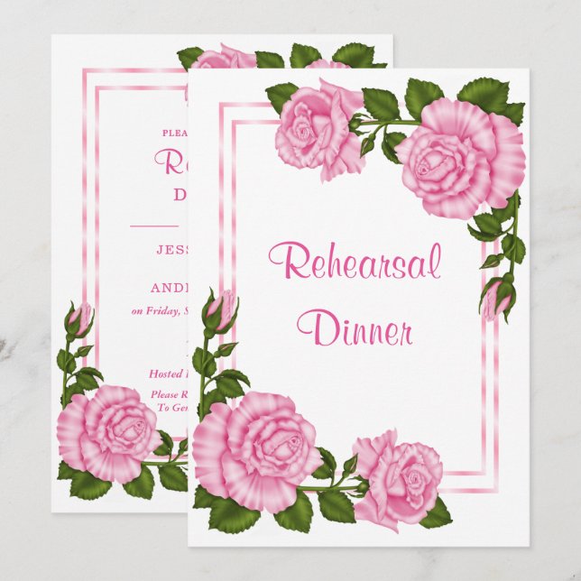 Pretty Pink Corner Bouquets  Rehearsal  Dinner Invitation (Front/Back)