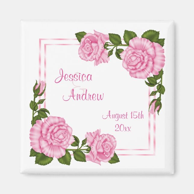 Pretty Pink Corner Bouquets Wedding Magnet (Front)