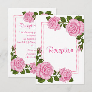 Pretty Pink Corner Bouquets Wedding Reception Invitation