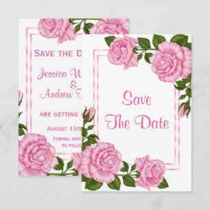 Pretty Pink Corner Bouquets Wedding Save The Date Invitation