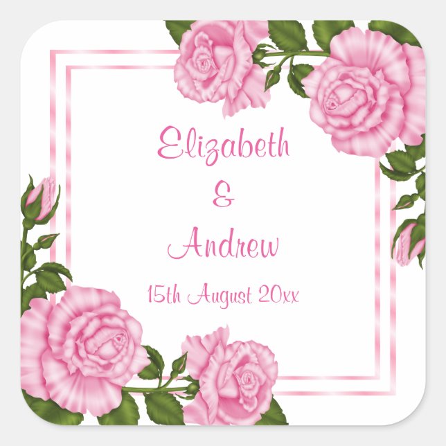 Pretty Pink Corner Bouquets Wedding Square Sticker (Front)