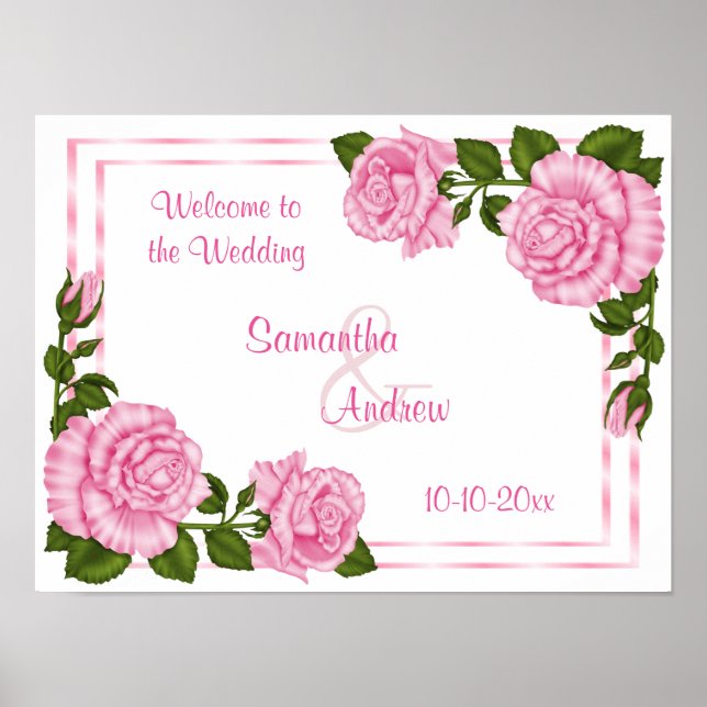 Pretty Pink Corner Bouquets Wedding Welcome Poster (Front)
