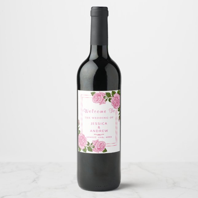Pretty Pink Corner Bouquets Wedding Wine Label (Front)