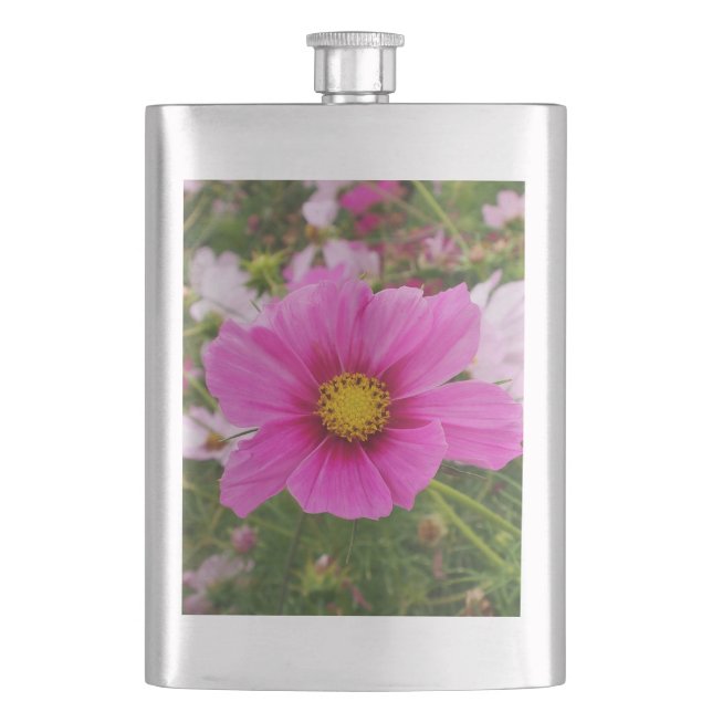 Pretty Pink Cosmos Flower Hip Flask (Front)