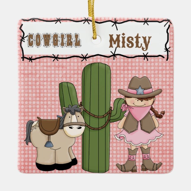 Pretty Pink Cowgirl (brown hair) and Pony-2 sided Ceramic Ornament (Front)