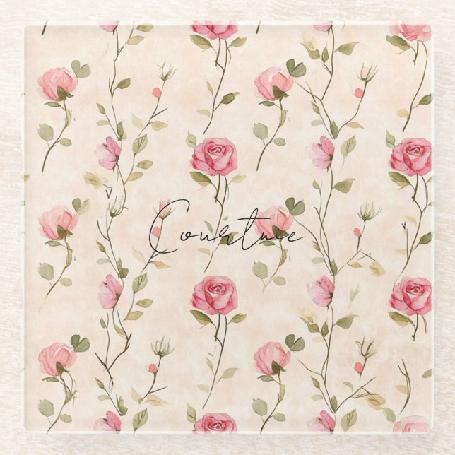 Pretty Pink Cream Roses Floral Bridal Shower Glass Coaster (Front)