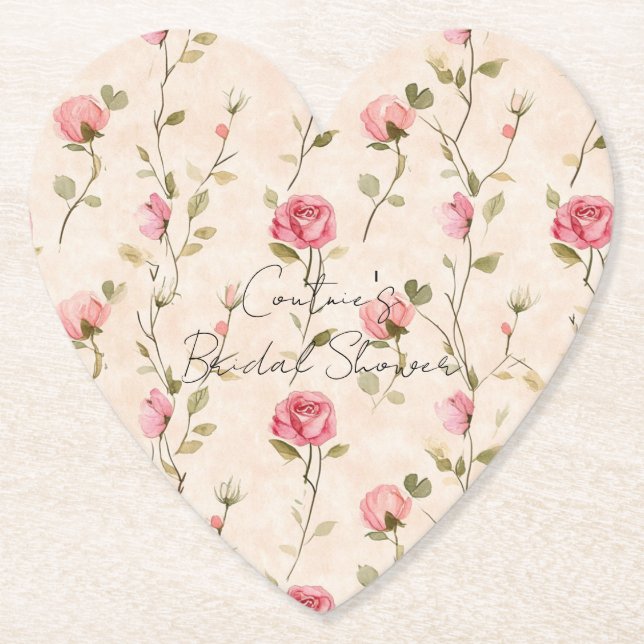 Pretty Pink Cream Roses Floral Bridal Shower Paper Coaster (Front)