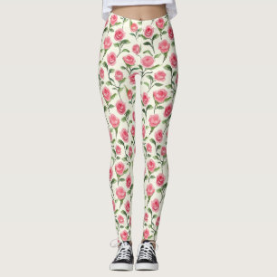 Pretty Pink Cream Roses Floral Leggings