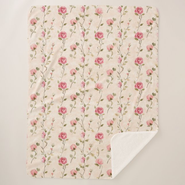 Pretty Pink Cream Roses Floral Sherpa Blanket (Front)