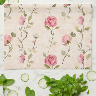 Pretty Pink Cream Roses Floral Tea Towel