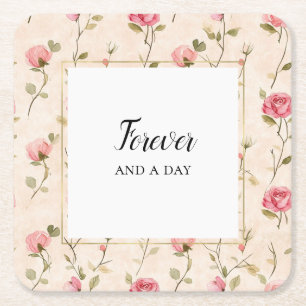 Pretty Pink Cream Roses Floral Wedding Forever  Square Paper Coaster
