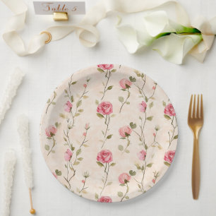 Pretty Pink Cream Roses Floral Wedding Paper Plate