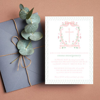 Pretty Pink Crest and Cross | Floral Baptism Invitation