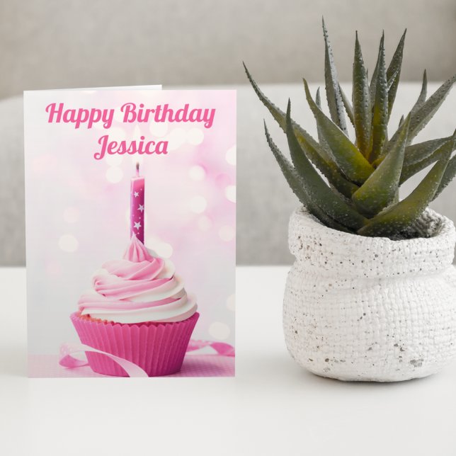 Pretty Pink Cupcake Photo Custom Happy Birthday Card (Creator Uploaded)