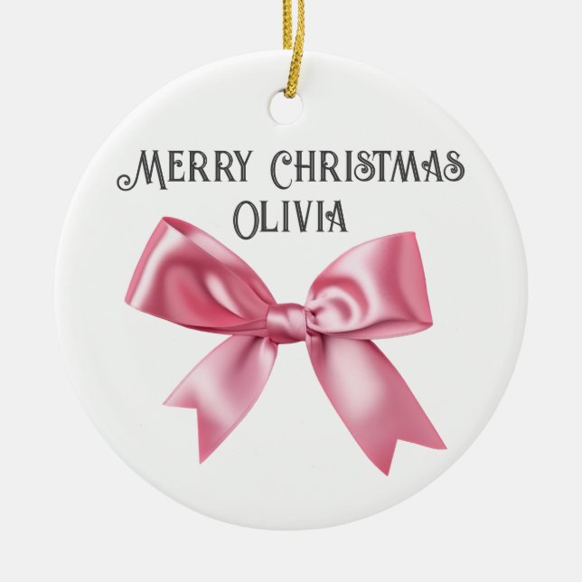 Pretty Pink Custom Coquette Bow Christmas Ceramic Tree Decoration (Front)