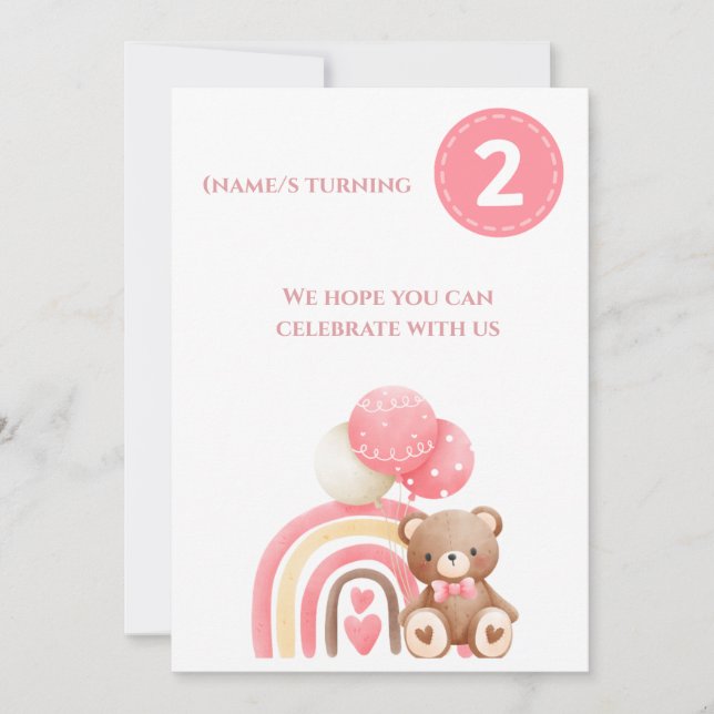 Pretty Pink & Cute 2nd Birthday  Invitation (Front)