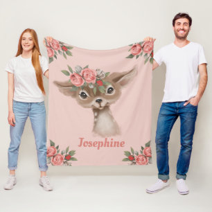 Pretty Pink Cute Floral Deer Fleece Blanket