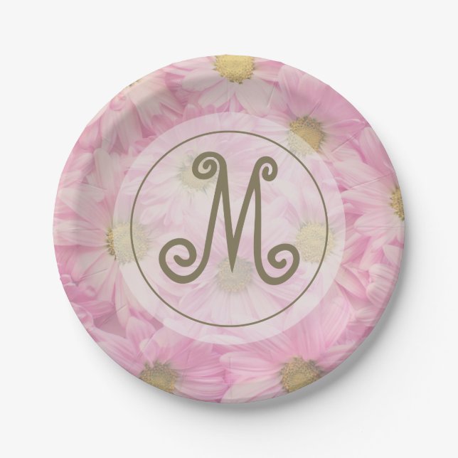 Pretty Pink Daisies Cute Custom Gold Monogram Paper Plate (Front)