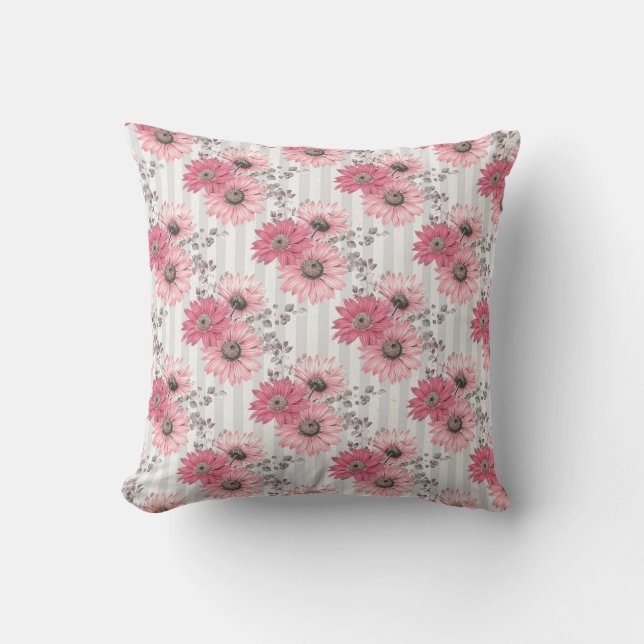 Pretty Pink Daisies Striped Floral Pattern Cushion (Front)