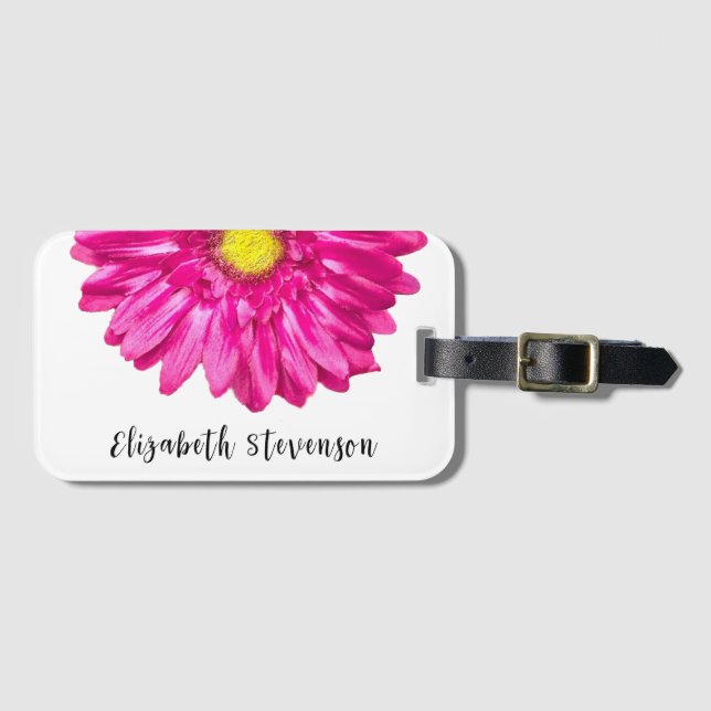 Pretty pink daisy flower custom name luggage tag (Front Horizontal)