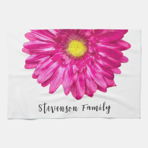 Pretty pink daisy flower custom name tea towel