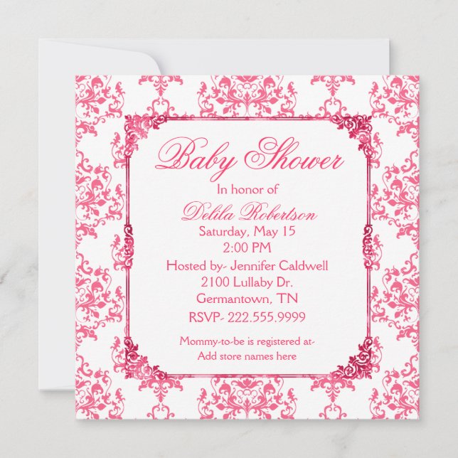 Pretty Pink Damask Baby Shower Invitation (Front)