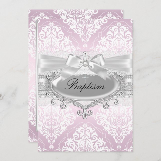 Pretty Pink Damask & Bow Baptism Invitation (Front/Back)