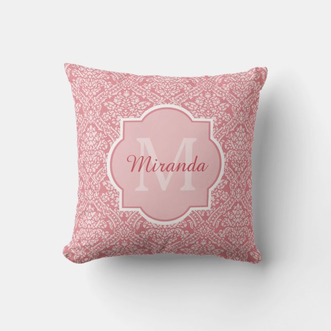 Pretty Pink Damask Pattern Monogram With Name Cushion (Front)